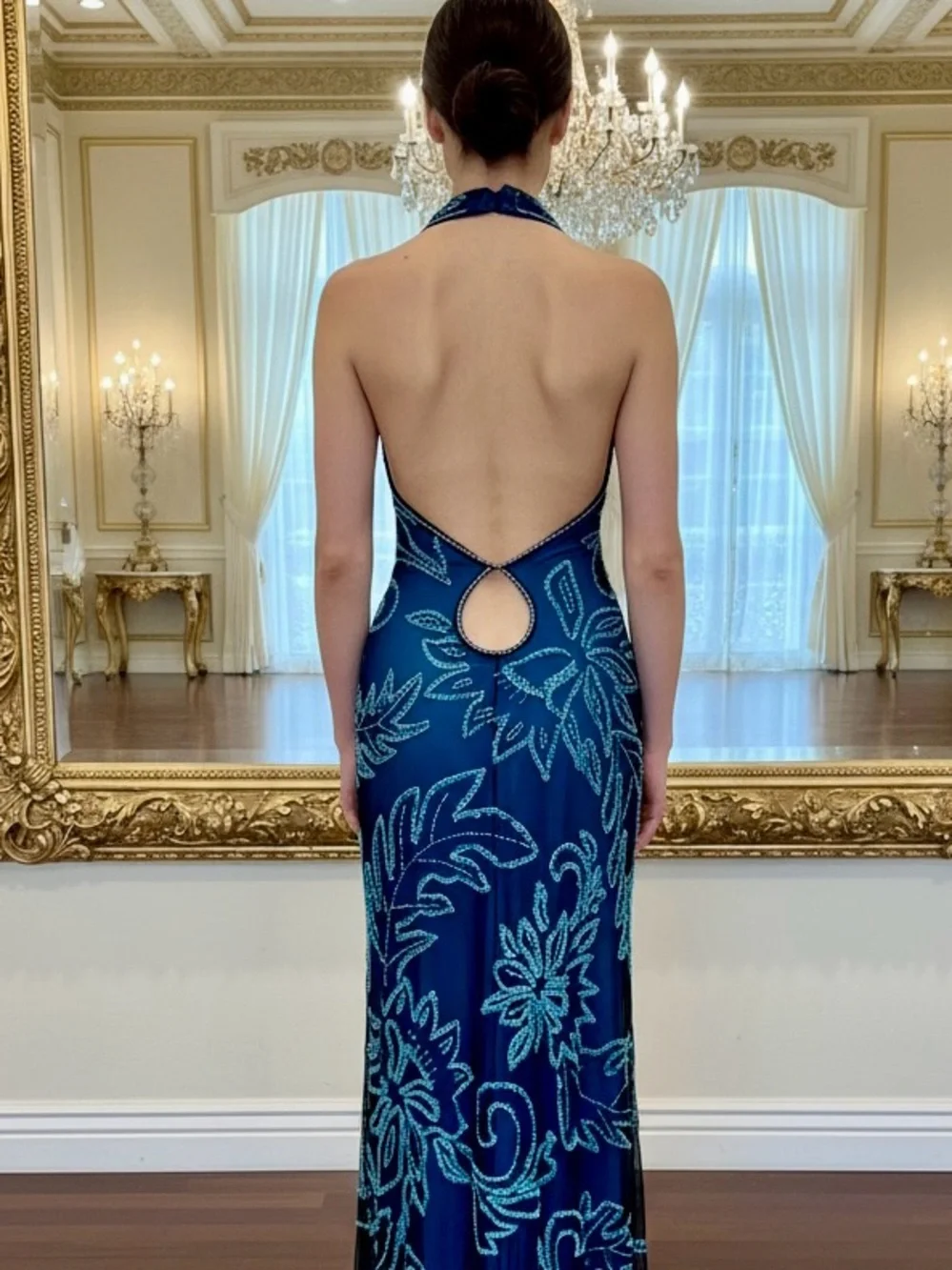 Elegant blue lining‎ w/black net overlay hand beaded Halter Evening Gown stretch